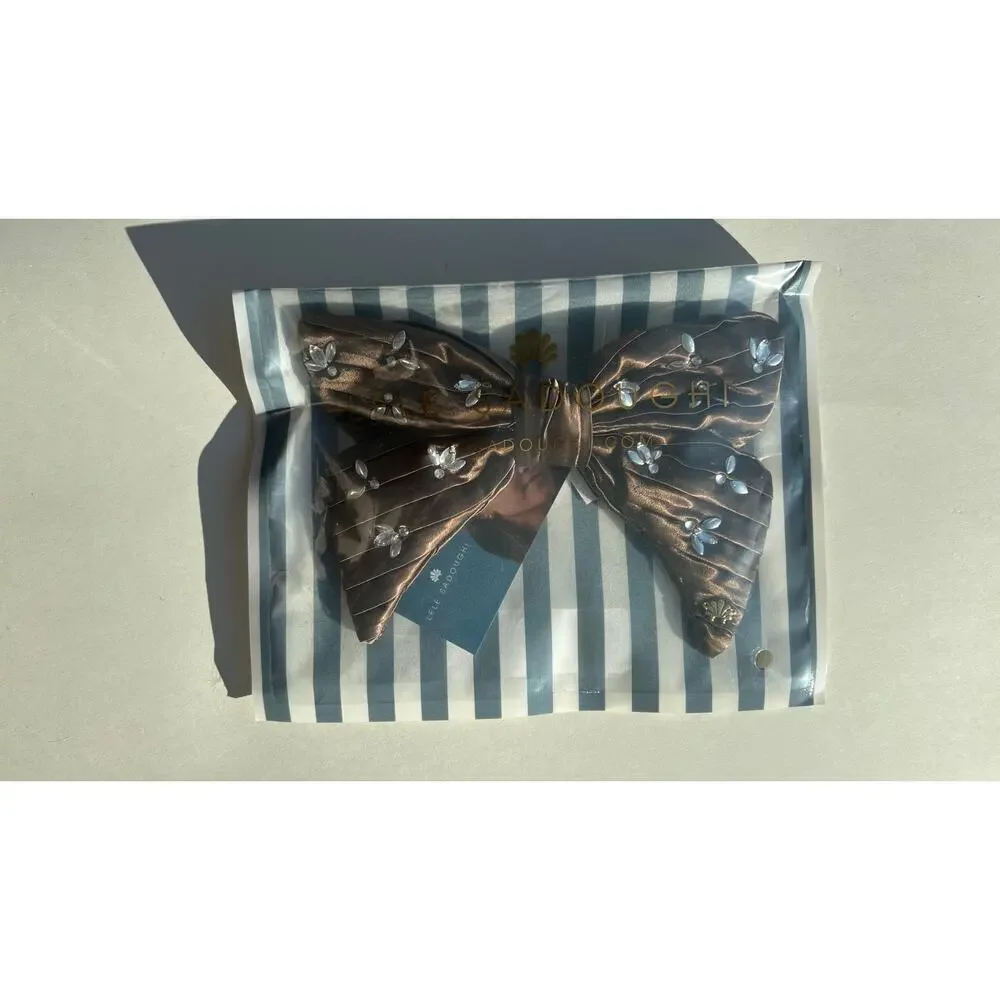 Lele Sadoughi Silk Brown Crystal Bow Barrette Gold Logo NWT